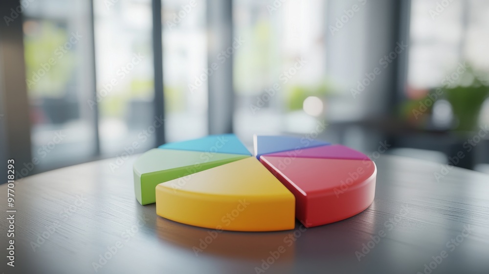 Poster a close-up of a 3d pie chart with each slice in a different color, showing a detailed view of the ch