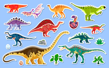 Dinosaur characters stickers pack. Vector patches set with colorful dino species, eggs, rocks and plants. Prehistoric reptile creatures adhesive decorative decals for school children fun and education