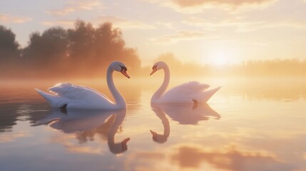 Fototapeta premium A pair of elegant swans gliding gracefully across a calm lake at sunrise, their reflections mirrored on the water, a peaceful and serene atmosphere