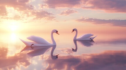 Fototapeta premium A pair of elegant swans gliding gracefully across a calm lake at sunrise, their reflections mirrored on the water