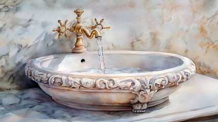Water Flowing into Ornate Sink