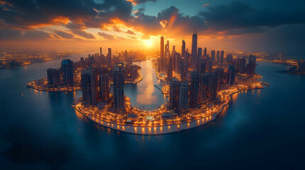 Fototapeta premium An aerial view of a modern city skyline at sunset, with the sun setting behind the skyscrapers and illuminating the water below.