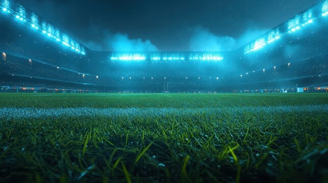Illuminated Rugby Field in a Vibrant Stadium Set for Intense Live Game Action
