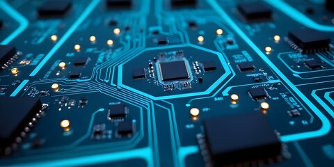 Futuristic Blue Circuit Board with Glowing Central Processor