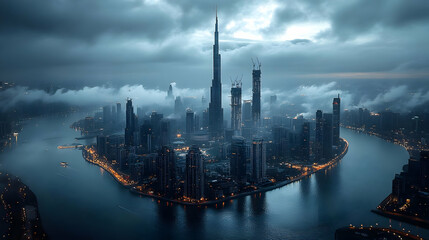 Naklejka premium An aerial view of a modern city with skyscrapers, a river, and a cloudy sky.