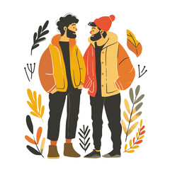 Creative gay couple illustration with muted pastel colors and romantic design