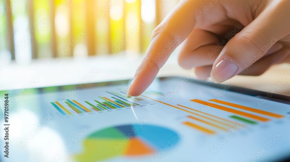 Poster a close-up of a businessperson hand pointing to a goal chart on a tablet, with graphs showing upward