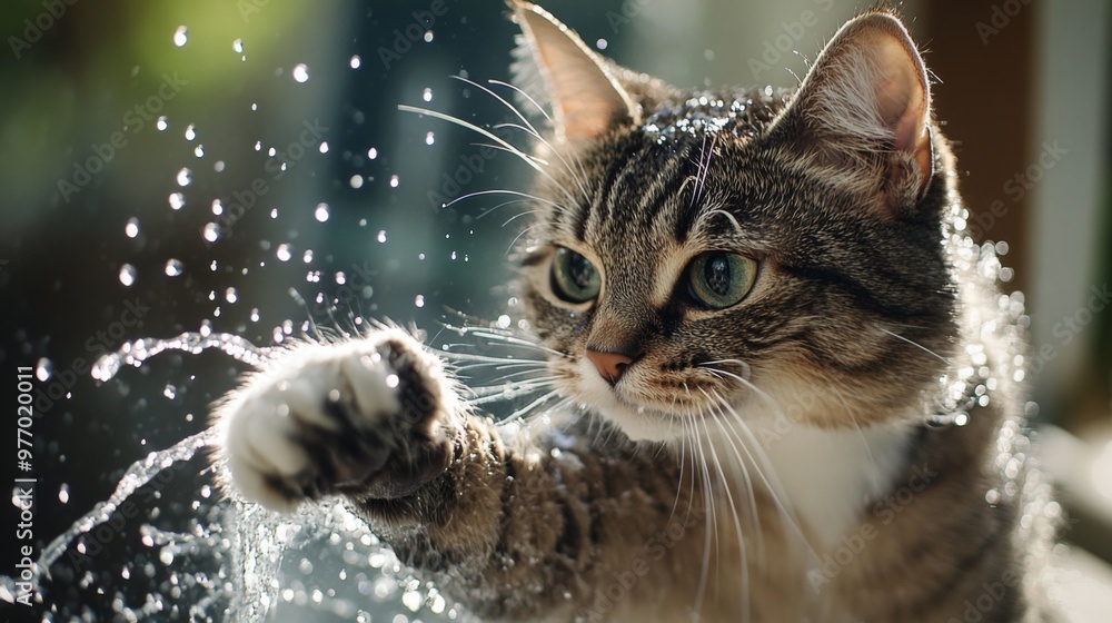 Poster a close-up of a cat batting at a stream of water from a faucet, with its paws in mid-air and water d