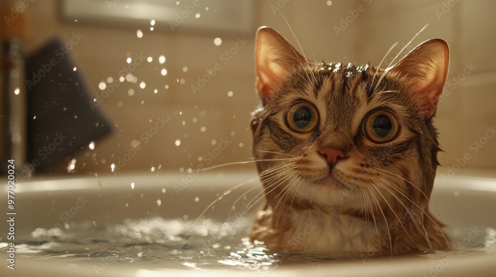 Poster A close-up of a cat sitting in a shallow bath with gentle water splashing around, showing its curious expression and wet fur in a cozy bathroom setting.