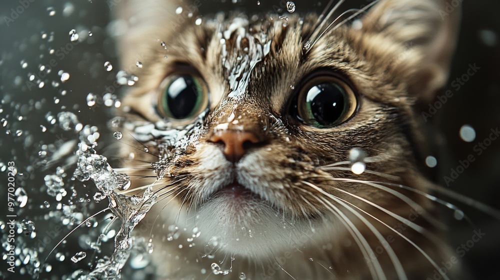 Poster a close-up of a cat face with wide eyes and whiskers wet, as it tries to catch water droplets from a