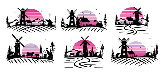 collection of sketches of landscapes with a windmill vector. pinkweretro sun vector. Rural Dutch landscape with windmill Vector © bleskk