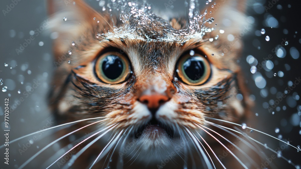 Poster a close-up of a cat face with wide eyes and whiskers wet, as it tries to catch water droplets from a