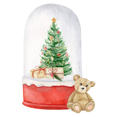Watercolor composition with snow globe with decorative Christmas tree, gifts, and Teddy bear inside on white background
