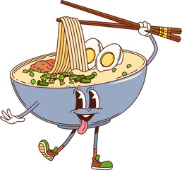 Cartoon retro groovy ramen noodles character with eggs and chopsticks, vector comic. Japanese cuisine groovy ramen noodles bowl with happy face and funky yummy tongue smile for Japanese cartoon food © Vector Tradition