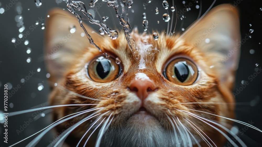 Poster a close-up of a cat face with wide eyes and whiskers wet, as it tries to catch water droplets from a