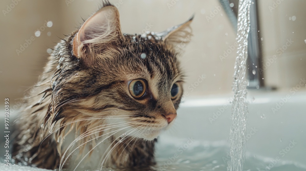 Aufkleber a close-up of a cat sitting in a shallow bath with gentle water splashing around, showing its curiou