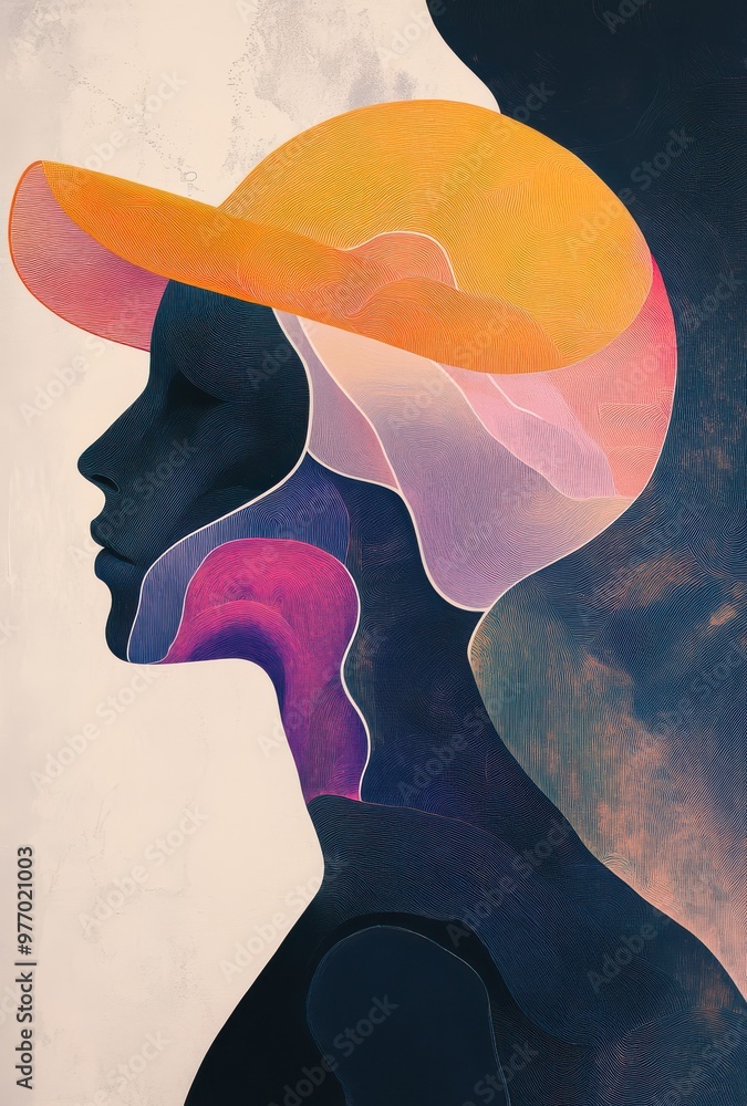 Aufkleber surreal illustration of a profile view of a person wearing a colorful cap with abstract lines and vi