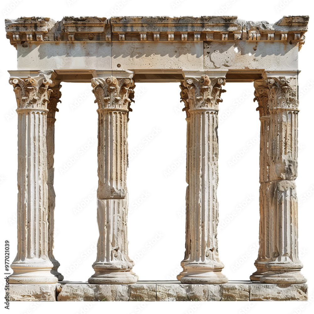Poster four weathered ancient corinthian columns with richly carved capitals supporting a damaged architrav