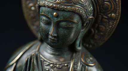 Obraz premium Detailed view of a bronze spiritual figure, showcasing artistic craftsmanship and deep spiritual meaning.