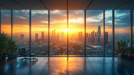 An empty office space with a panoramic view of a city skyline during a sunset.