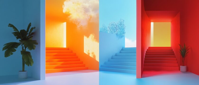 Split-screen layout showcasing bold color contrasts, with a vibrant, energetic theme on one side and a calming, neutral palette on the other for balanced visual tension