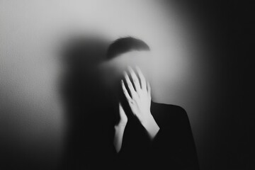 The image shows a blurred, hooded figure holding his head while looking down.