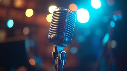 A close-up of a classic dynamic on a stage, with a shiny metallic finish and a black grille, ready for a live performance under bright stage lights.