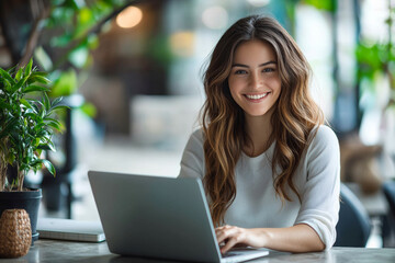 Smiling Woman Working on Laptop in Coffee Shop