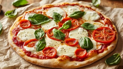 A close-up of a classic Margherita pizza with a golden crust, fresh tomato slices, mozzarella cheese, and basil leaves, set on a clean, rustic background.