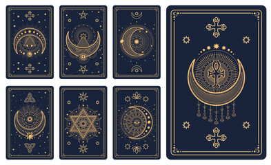 Magic occult Tarot cards with esoteric symbols for astrology and fortune telling, vector reverse decks. Tarot cards mystic magic signs of sun and moon, Ankh cross with mason pyramid and pentagrams