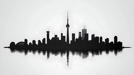 Obraz premium Black and white silhouette of the Toronto skyline reflected in water.