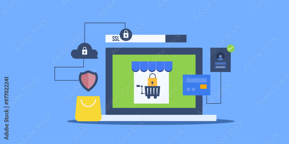 Poster ecommerce security concept. secure online shopping payment cloud data technology software solution, 