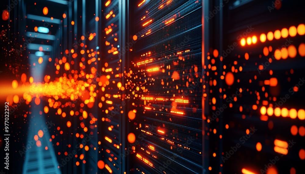 Poster a futuristic data center with glowing servers, symbolizing the ever-growing importance of data stora