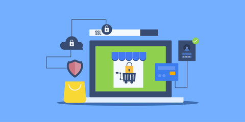 Ecommerce security concept. Secure online shopping payment cloud data technology software solution, e-business vector illustration.