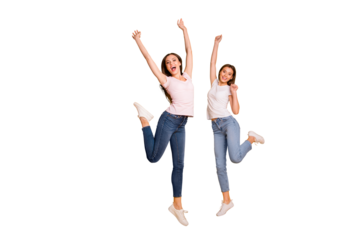 Full length body size view portrait of nice charming attractive cheerful overjoyed slim fit thin straight-haired girls having fun rejoice isolated on bright vivid shine yellow background