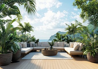Fototapeta premium The terrace has large wooden floors, glass railings, rattan and fabric furniture, decorated with a big tree pot, and a panoramic view of the sea.