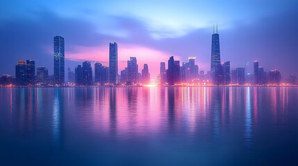 Obraz premium Cityscape with skyscrapers reflected in water at dawn.