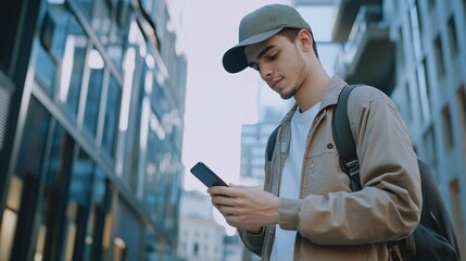 A young man using a smartphone in an urban environment, showcasing modern technology and lifestyle in a city setting.
