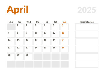 Monthly page Calendar Planner Template of April 2025. Vector layout of calendar with week start Monday for Scheduling. Page for size A4 or 21x29.7 cm