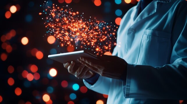 A scientist holding a tablet with 3D visualizations of molecules, representing how technology aids in drug discovery and biochemical research