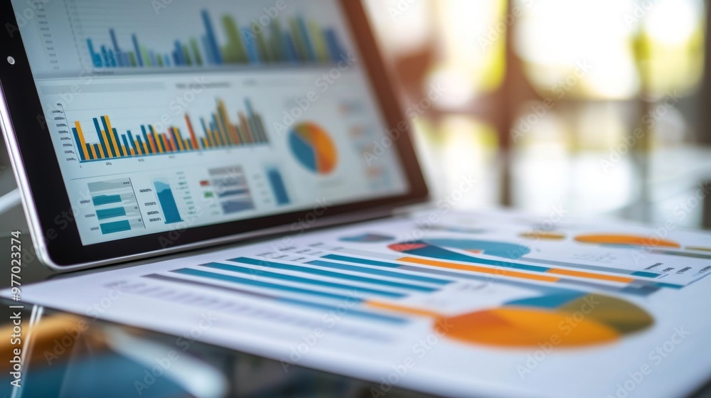 Poster a close-up of a financial dashboard on a tablet or laptop, featuring colorful graphs and data visual