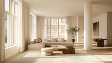 A bright, minimalist living space with large windows, a neutral color palette, and simple furniture, creating a sense of calm and openness.