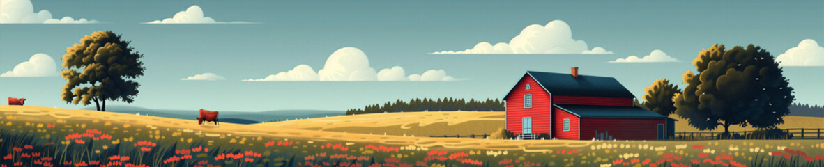 Fototapeta premium Red barn sits on rolling hills in a peaceful countryside, with cows grazing nearby, surrounded by wildflowers and large trees. Generative ai raster illustration. Pop art comic book style imitation