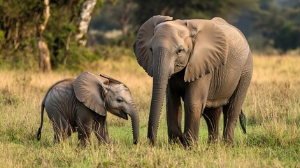 Obraz premium A baby elephant and its mother wander through the African grasslands.