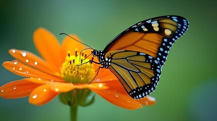 A beautiful butterfly perched delicately on a vibrant orange flower, showcasing nature's elegance and intricate details.