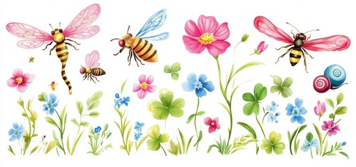Freesia, bumblebee, bee, dragonfly, meadow bumblebee elements. Meadow countryside nature realistic element set.