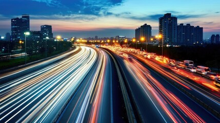 Fototapeta premium A busy city highway at night with streaks of blurry car lights, capturing the motion and speed of traffic under a dark sky.