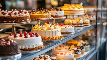 A beautiful display of assorted cakes, featuring rich textures and vibrant colors, perfect for dessert lovers and culinary enthusiasts.