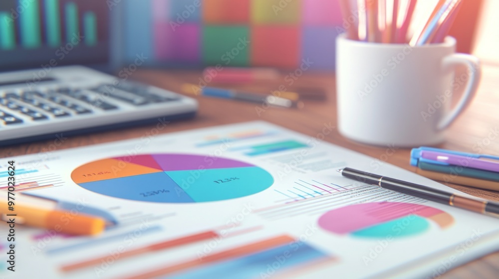 Poster A close-up of a financial report with colorful business graphs and pie charts, surrounded by office supplies like pens, calculators, and a coffee cup.