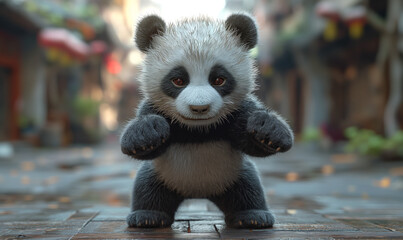 A playful panda stands in alleyway, capturing hearts with its adorable expression.